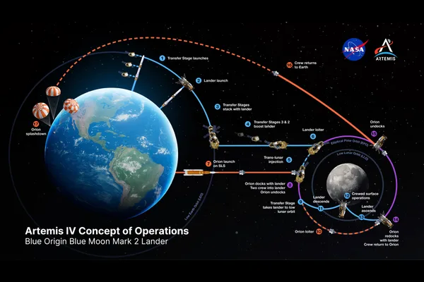 NASA graphic of the Artemis IV concept of operations with Blue Origin's Blue Moon Mark 2 lander, showing transfer stages, Orion docking in elliptical polar orbit and the crewed descent