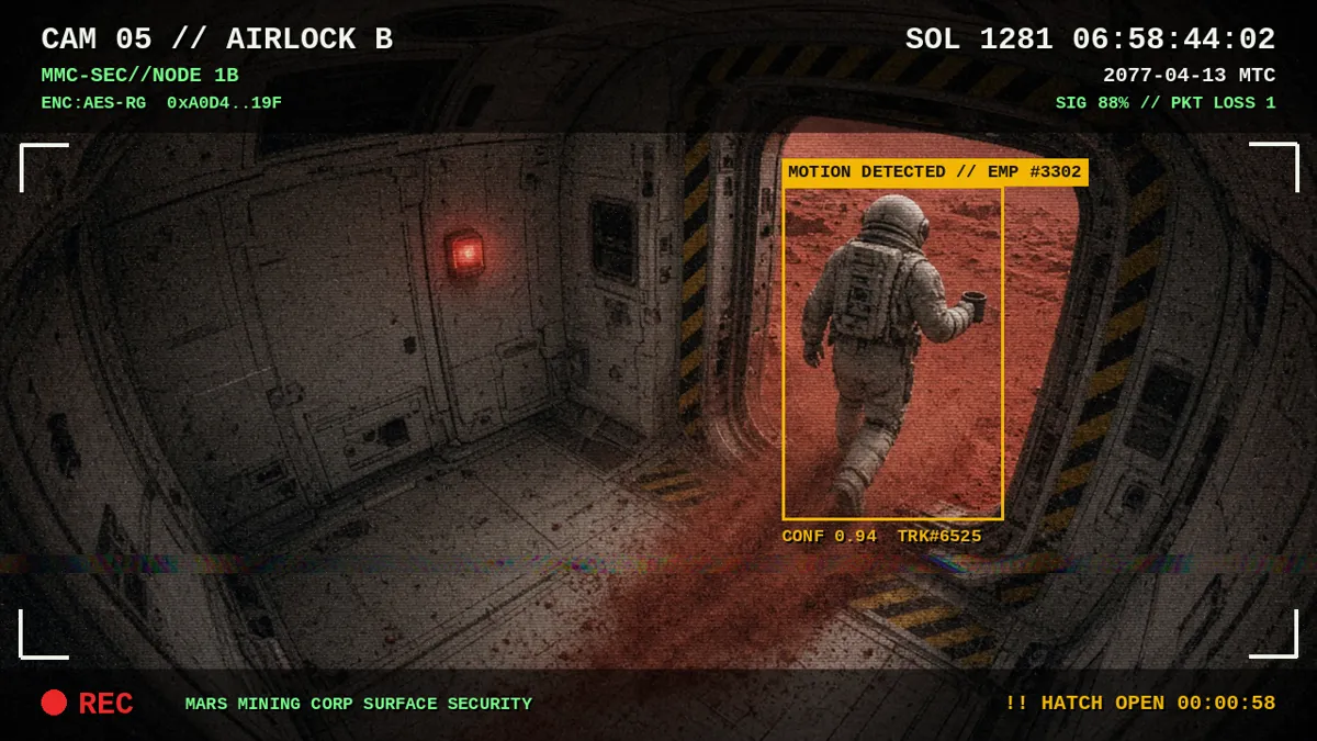 CCTV still of an open airlock with a suited employee walking away holding a coffee mug