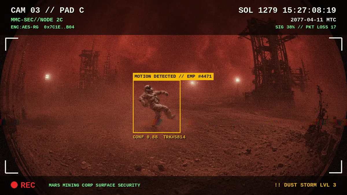 Grainy CCTV still of a suited worker mid-moonwalk on a launch pad in a red dust storm