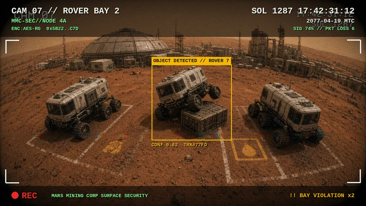 CCTV still of three rovers parked badly, one across two bays and one on a crate in the oxygen truck area