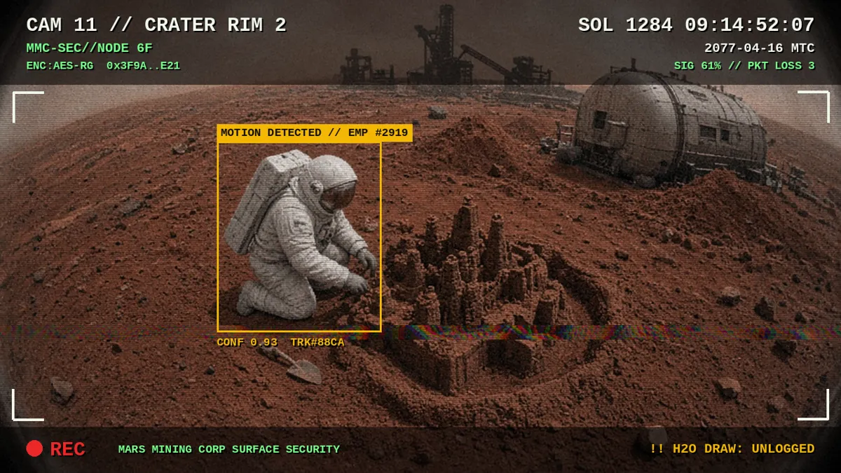 CCTV still of an elaborate regolith sandcastle with a moat on a crater rim