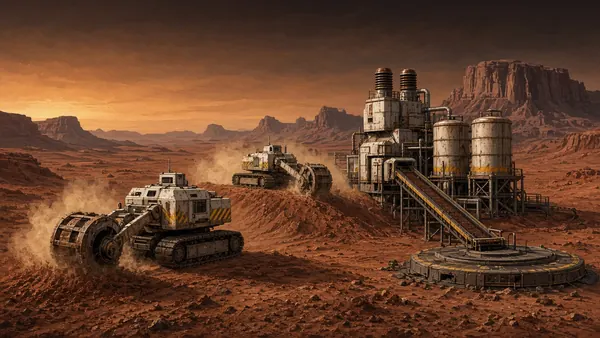 Concept illustration of mining equipment on a planetary surface