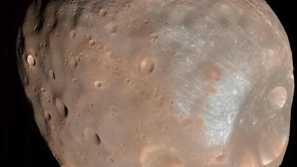 Color image of Mars moon Phobos, a lumpy cratered body