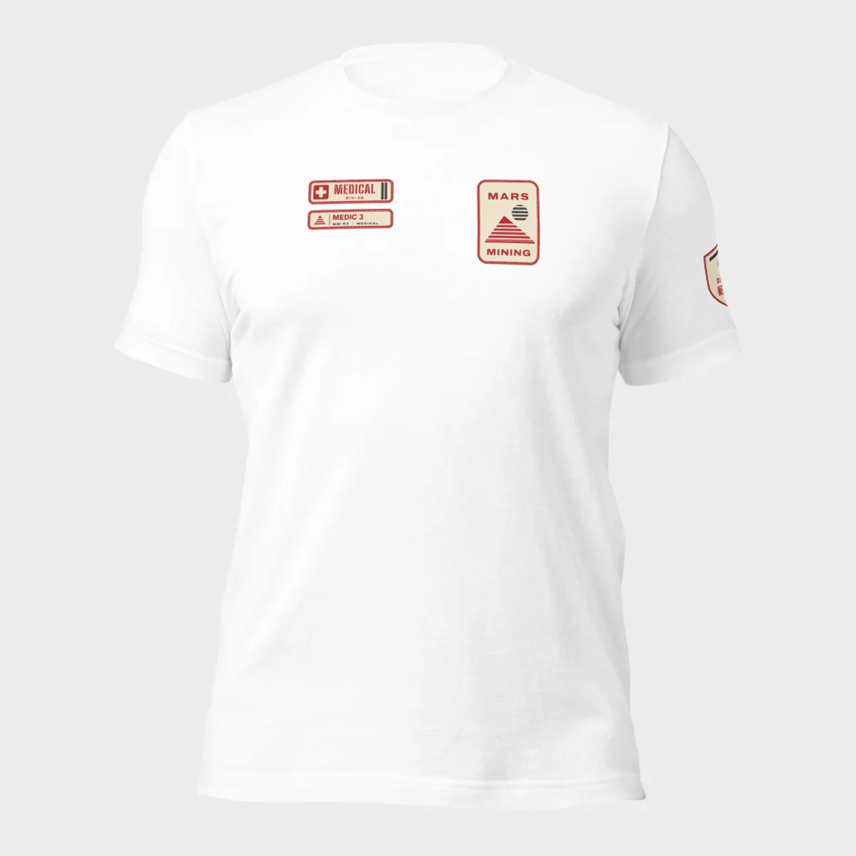 Bella+Canvas 3001 tee in white with the Mars Mining badge on the left chest and the Medical department tag and rank patch on the right chest