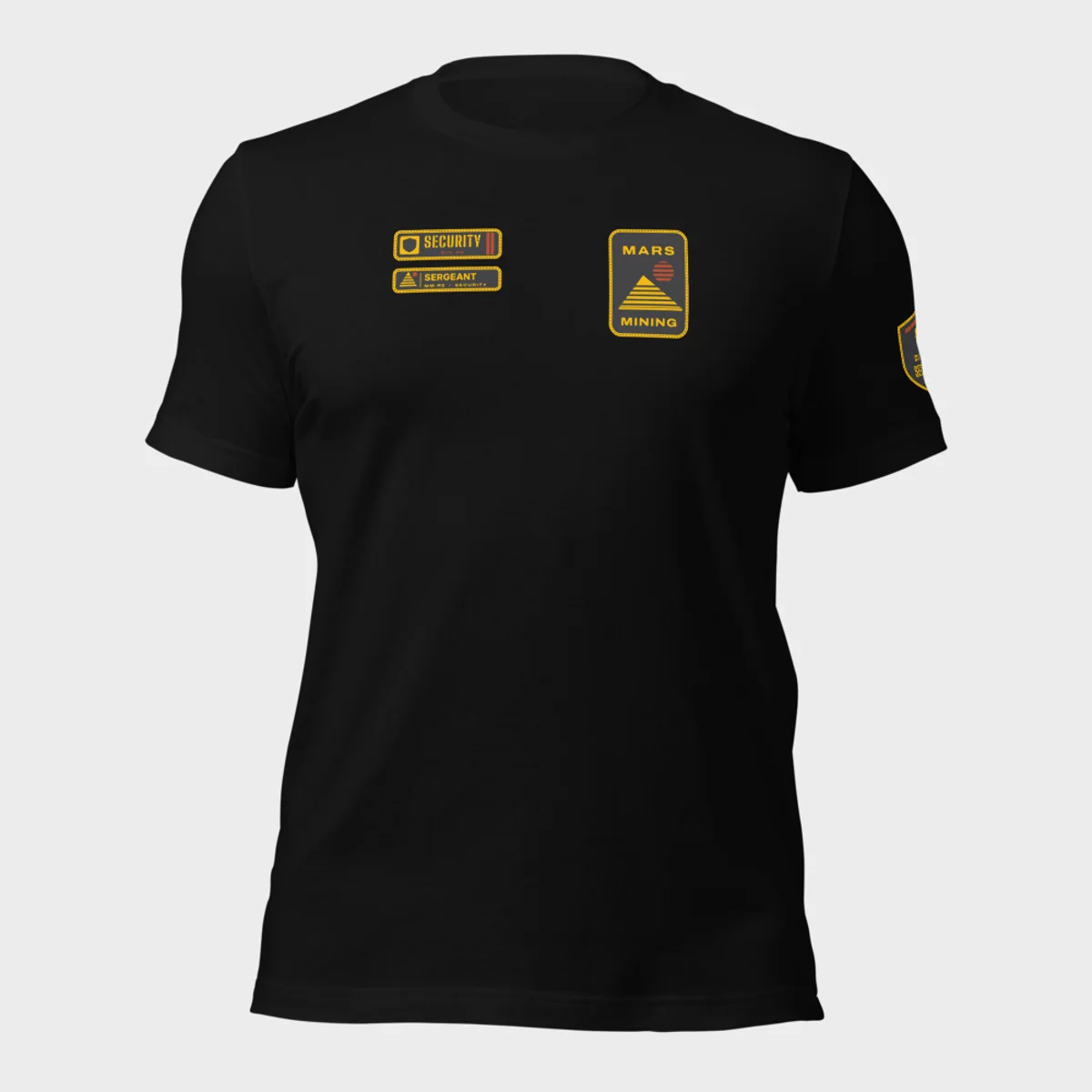 Bella+Canvas 3001 tee in black with the Mars Mining badge on the left chest and the Security department tag and rank patch on the right chest