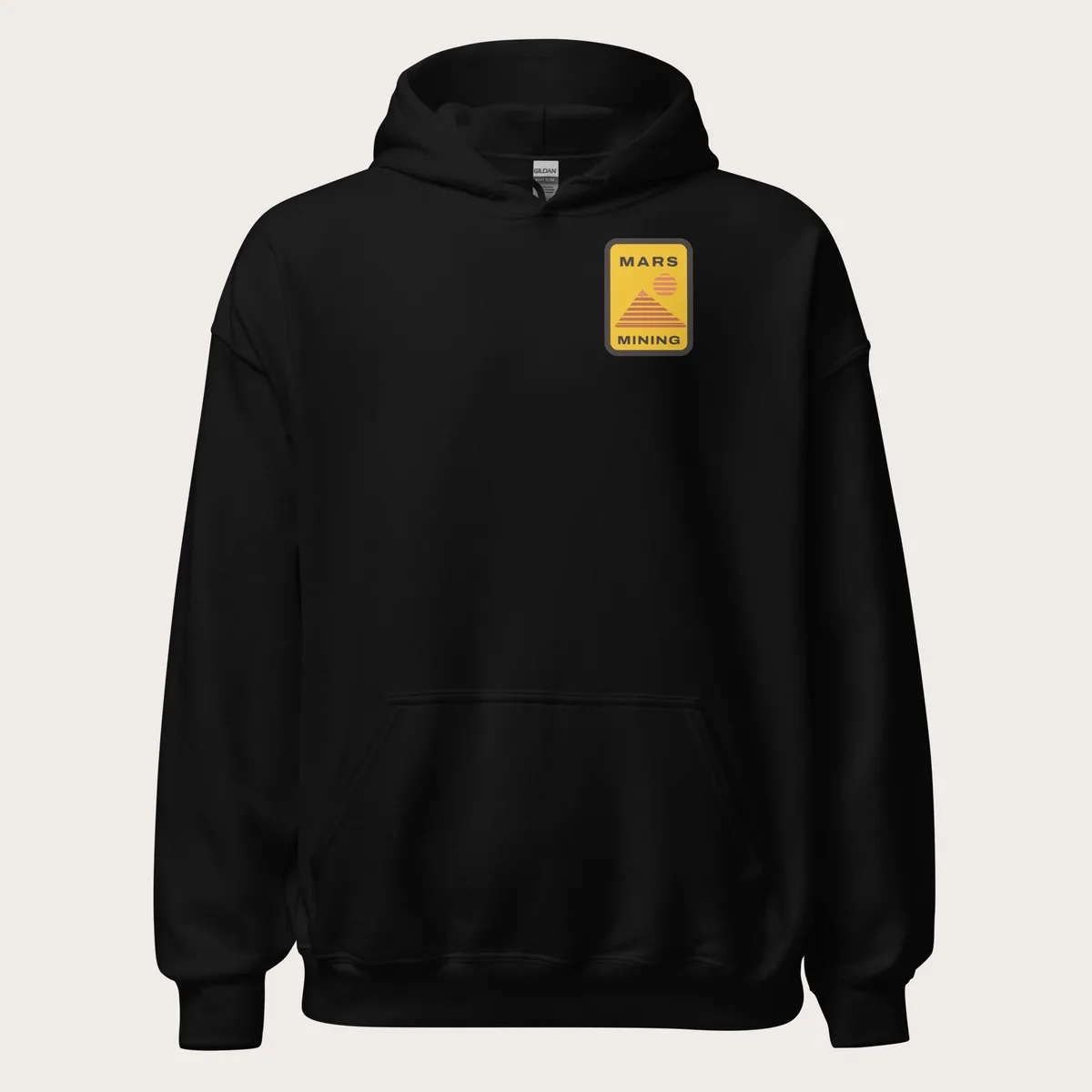 Black hoodie with the Mars Mining patch on the left chest