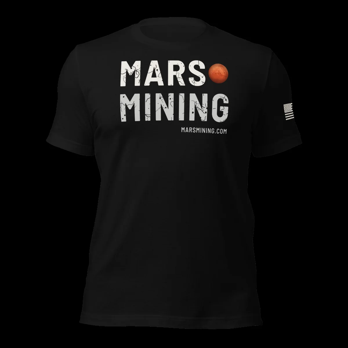 Black t-shirt with worn white MARS MINING lettering, a red Mars beside it and marsmining.com underneath
