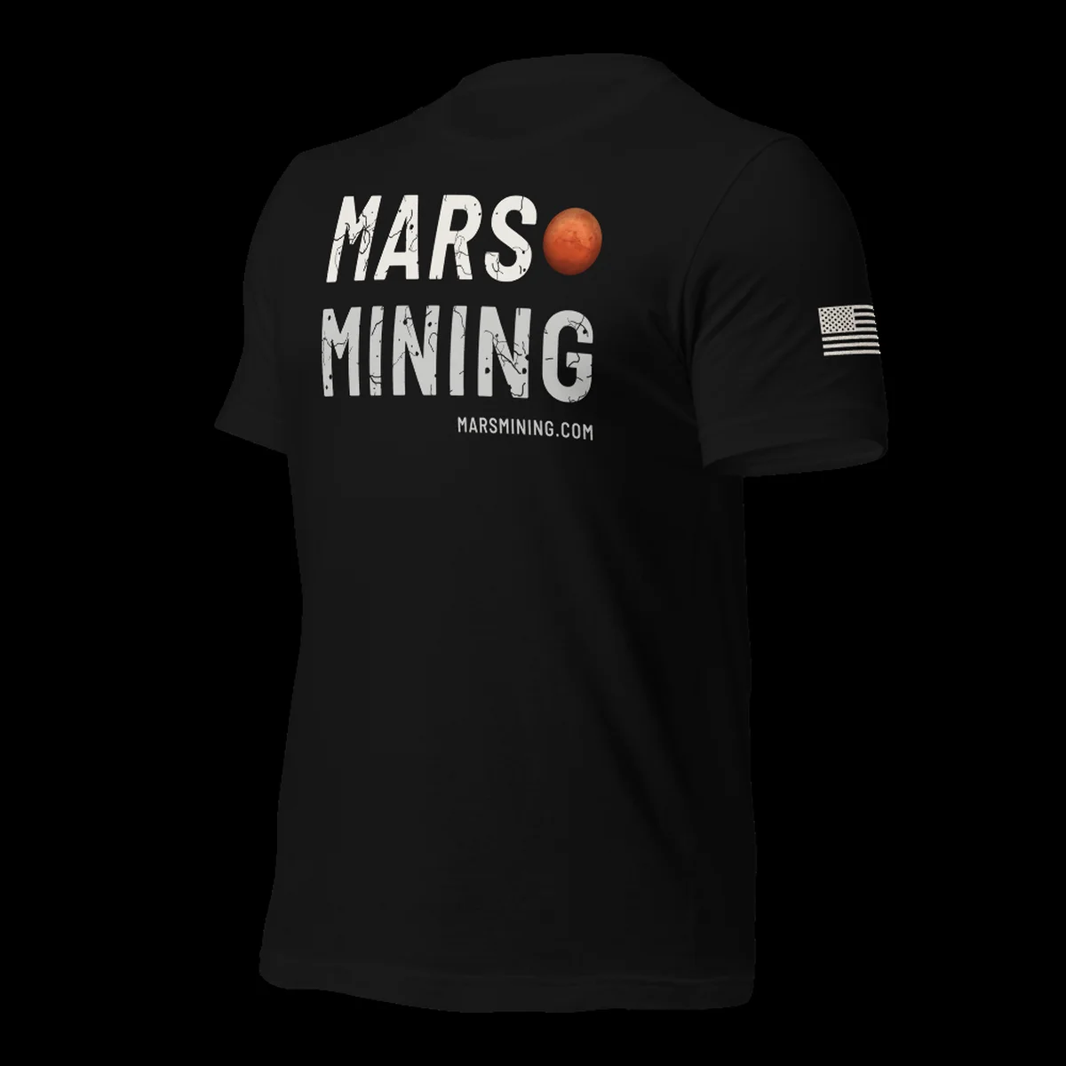 Left sleeve of the red planet tee with a worn white American flag